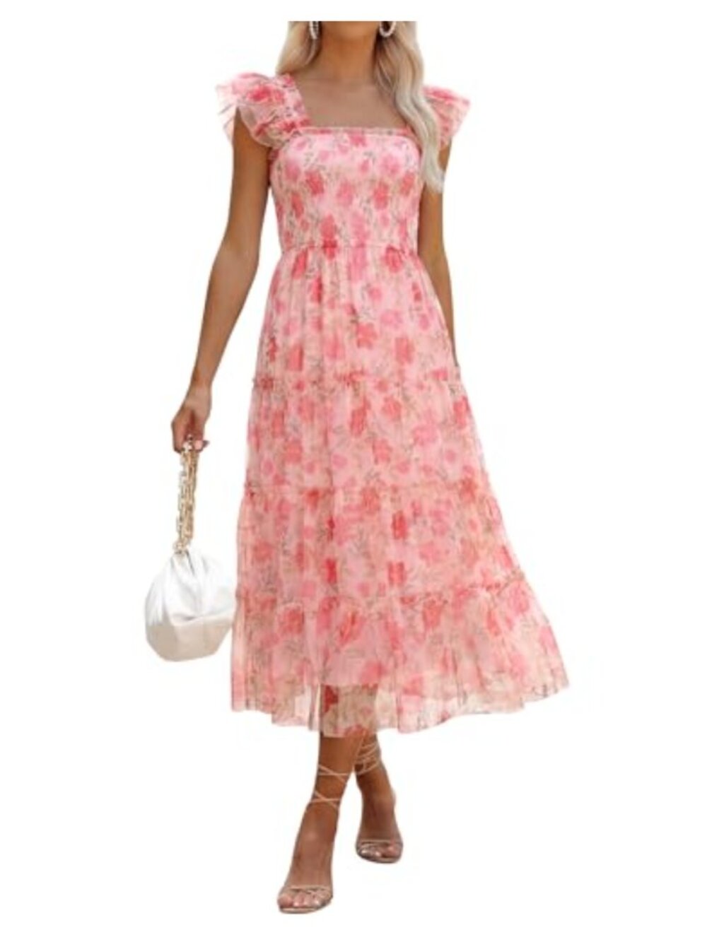 Women's Floral Midi Dress Sleeveless Boho Flowy Smocked Ruffle Tulle Beach Party